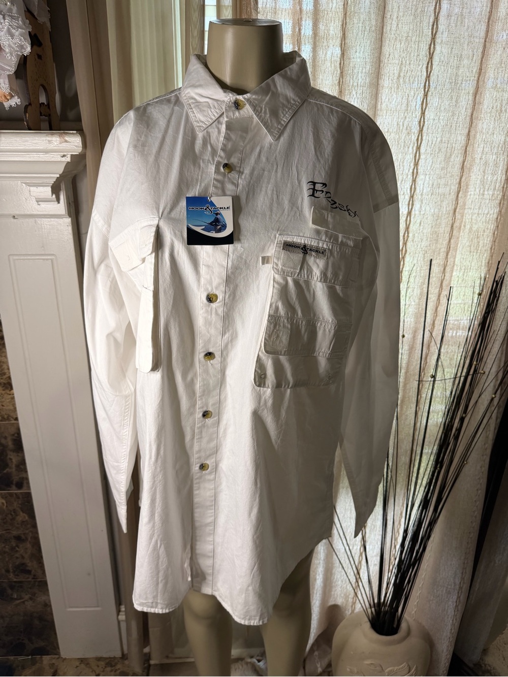 Vintage White Button-Down Utility Shirt with Embroidered Logo
